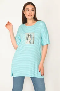 Şans Women's Plus Size Blue Digital Printed Striped Side Slit Blouse #9116032