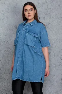 Şans Women's Plus Size Blue Paw 2 Buttons Denim Tunic with Cargo Pocket