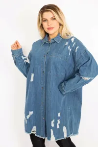 Şans Women's Plus Size Blue Ripped Detailed Loose Cut Oversize Denim Tunic Jacket