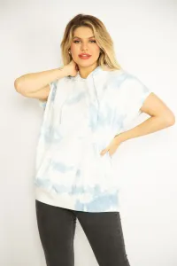 Şans Women's Plus Size Blue Tie Dye Patterned Hoodie Sweatshirt
