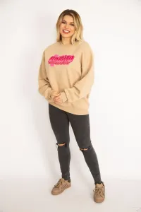 Şans Women's Plus Size Camel Sweatshirt with Rayon 3 Threads Fabric Back with Digital Print