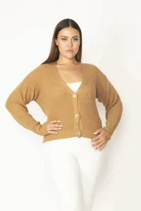 Şans Women's Plus Size Camel V-Neck Knitwear Cardigan with Buttons