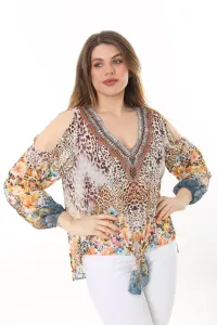 Şans Women's Plus Size Colorful Collar Stone Detailed Decollete Front Laced Chiffon Blouse