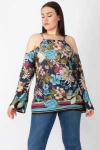 Şans Women's Plus Size Colorful Floral Printed Off-the-Shoulder Blouse