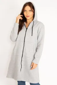 Şans Women's Plus Size Gray Ragged Fleece Fabric Front Zippered Kangaroo Pocket Hooded Coat #9100214