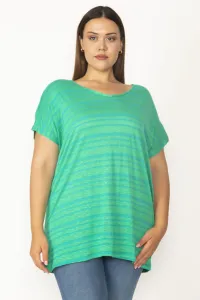 Şans Women's Plus Size Green Viscose Striped Low-Sleeve Viscose Blouse with Crisscross Back