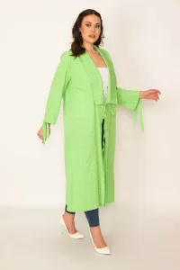 Şans Women's Large Size Green Jacquard Patterned Cape with Sleeve and Collar Detail