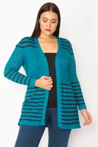 Şans Women's Large Size Green Openwork Knitted Striped Knitwear Cardigan #9064978