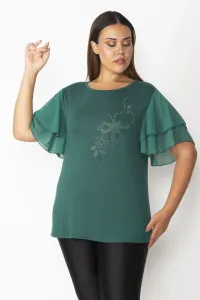 Şans Women's Plus Size Green Sleeve Chiffon Flounce Front Stone Printed Viscose Blouse