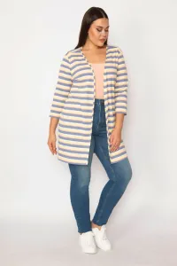 Şans Women's Large Size Indigo Cotton Fabric Striped Cardigan