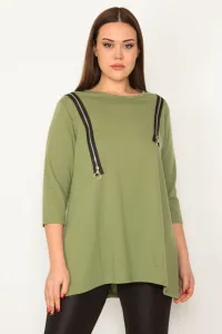 Şans Women's Large Size Khaki Ornamental Zippered Tunic