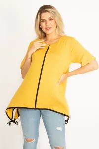 Şans Women's Plus Size Mustard Piping Detailed Hem Laced Tunic