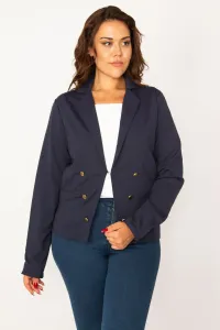 Şans Women's Plus Size Navy Blue Classic Coat with Clip-on Closure and Ornamental Metal Buttons
