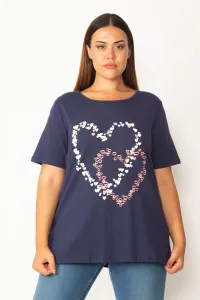 Şans Women's Large Size Navy Blue Cotton Fabric Heart Printed Blouse