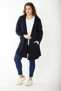 Şans Women's Large Size Navy Blue Hooded Cardigan with Cup and Vep Detail