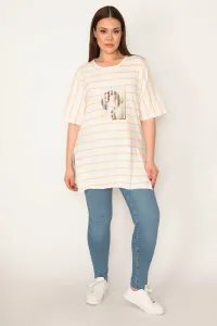Şans Women's Plus Size Orange Digital Printed Striped Side Slit Blouse #9054219
