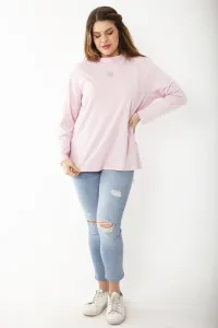 Şans Women's Plus Size Pink Cotton Fabric Crew Neck Stone Detailed Blouse