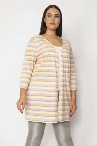 Şans Women's Large Size Pink Cotton Fabric Striped Cardigan #9119436