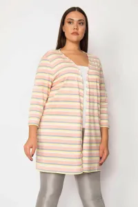 Şans Women's Large Size Pink Cotton Fabric Striped Cardigan