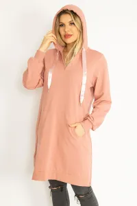 Şans Women's Plus Size Pink Hooded Sweatshirt with Kangaroo Pocket