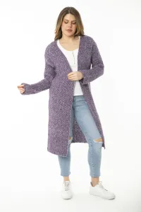 Şans Women's Large Size Purple Slit Thick Knitwear Long Cardigan