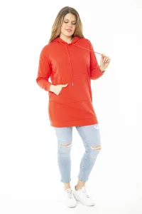 Şans Women's Plus Size Red Two Threads Hooded Sweatshirt