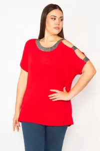 Şans Women's Plus Size Red One Shoulder And Collar Silvery Detailed Blouse #8998794