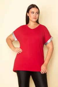 Şans Women's Plus Size Red Sleeve Sequin Detail V-Neck Viscose Blouse