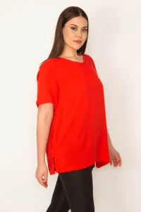 Şans Women's Plus Size Red Woven Viscose Fabric V-Neck Side Slit Blouse