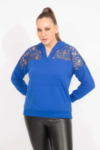 Şans Women's Plus Size Sax Robe Lace And Hood Detail Kangaroo Pocket Sweat Shirt