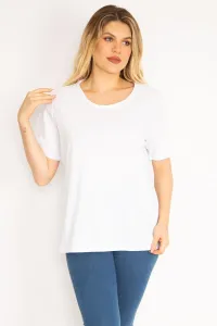 Şans Women's Plus Size White Cotton Fabric Crew Neck Blouse #9059205