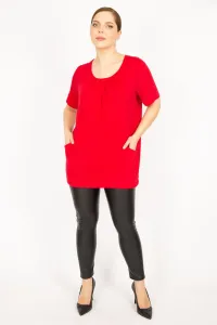 Şans Women's Red Plus Size Collar Gathered Pocket Tunic