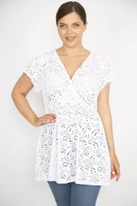 Şans Women's White Plus Size Perforated Fabric Wrap Collar Blouse