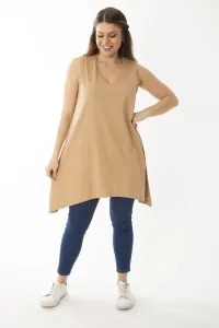 Şans Women's Plus Size Beige V-Neck Long Sleeveless Blouse #9100670