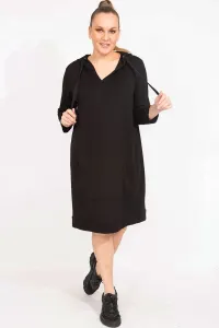 Şans Women's Plus Size Black Hooded Kangaroo Pocket Sweatshirt Dress #8998102