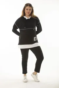Şans Women's Plus Size Black Garni And Stitch Detail Hooded Sweatshirt Trousers Double Suit