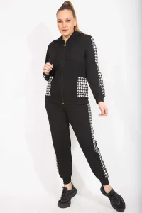 Şans Women's Plus Size Black Houndstooth Garnish Sweatshirt Trousers Double Suit