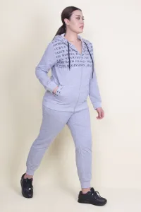 Şans Women's Plus Size Gray Raised Print Detailed Tracksuit Suit
