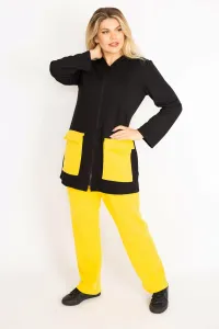 Şans Women's Plus Size Yellow Pocket Combined Hooded Front Zippered Sweatshirt Trousers Suit