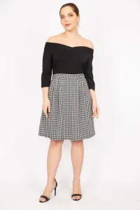 Şans Women's Black Plus Size Collar Detailed Skirt Houndstooth Patterned Belted Dress