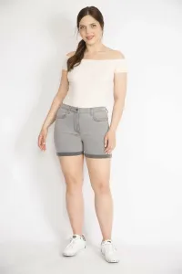 Şans Women's Gray Large Size Double Leg Lycra Skinny Denim Shorts