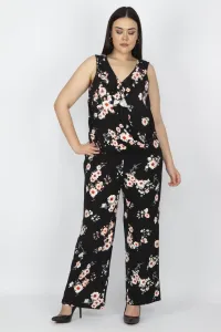 Şans Women's Plus Size Black Floral Patterned Wrap Collar Jumpsuit