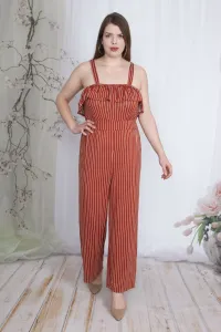 Şans Women's Plus Size Cinnamon Stripe Jumpsuit with Straps and Flounces