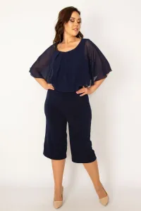 Şans Women's Plus Size Navy Blue Chiffon Detail Jersey Jumpsuit