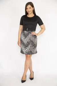 Şans Women's Black Large Size Scuba Fabric Skirt Patterned Waist Belt Dress
