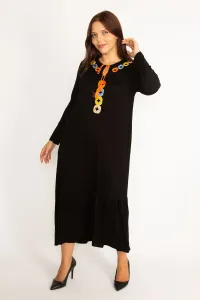 Şans Women's Large Size Black Embroidery Detailed Long Sleeve Layered Dress