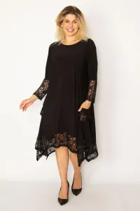 Şans Women's Large Size Black Lace Detailed Long Sleeve Dress