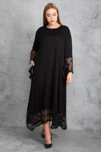 Şans Women's Large Size Black Lace Detailed Viscose Long Sleeve Dress