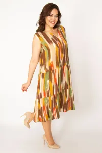 Şans Women's Large Size Colorful Woven Viscose Fabric Brush Patterned V-Neck Dress