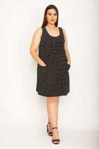 Şans Women's Large Size Black Polka Dot Patterned Tunic Dress with Chest Gathering and Pocket Detail
